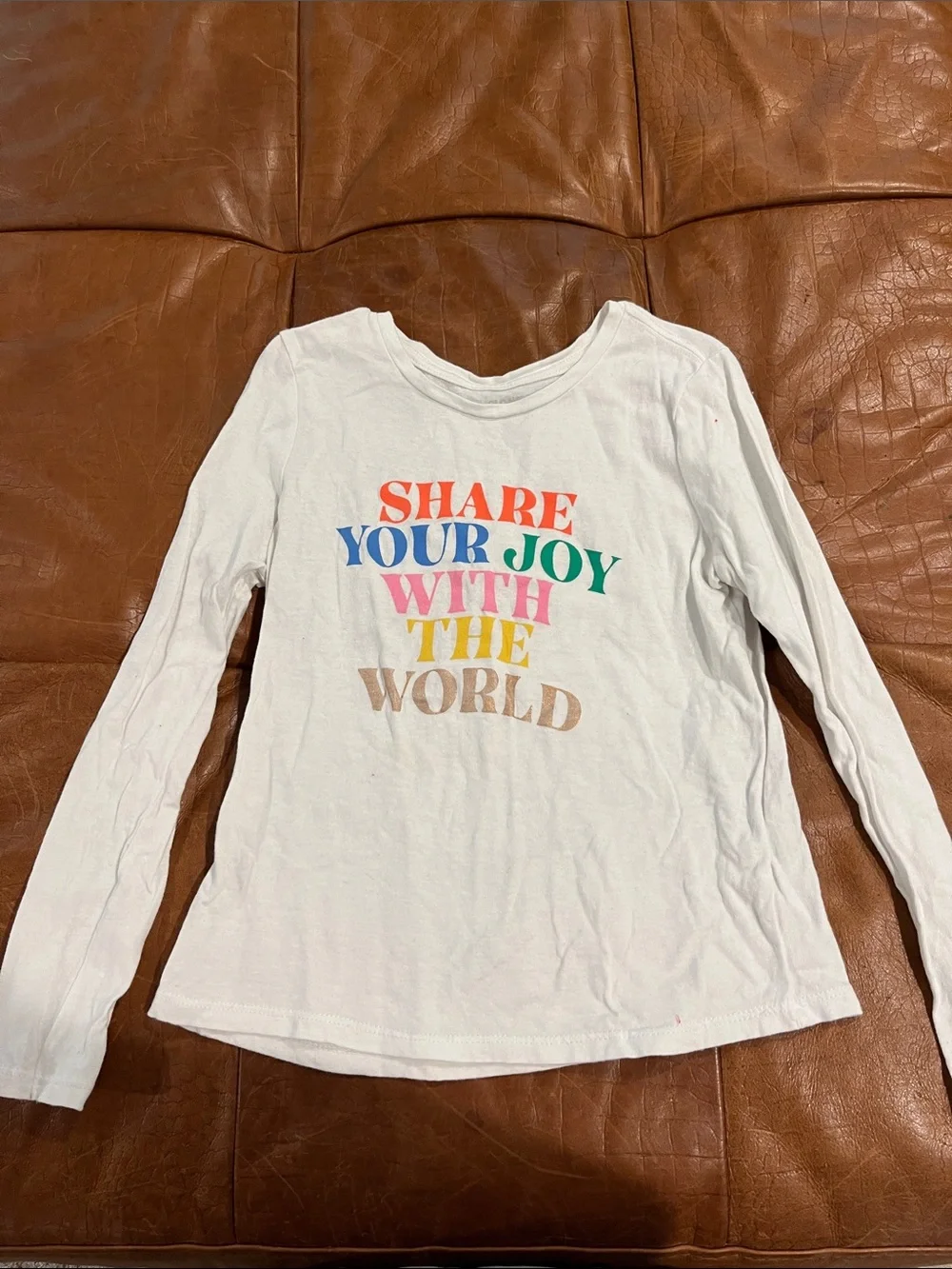 Old Navy White Long Sleeve Tee with Multicolor 'Share Your Joy' Graphic